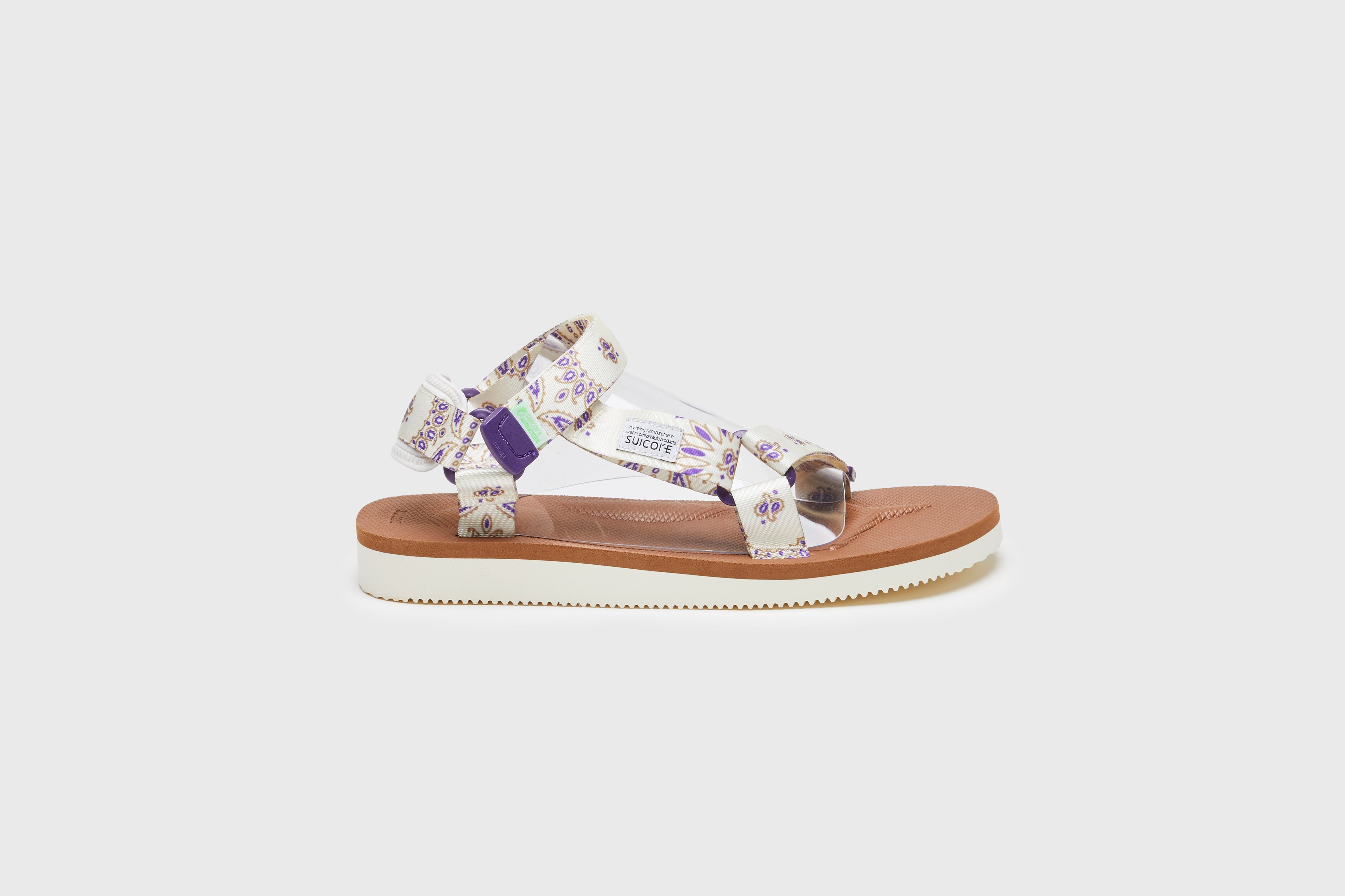 SUICOKE DEPA-Cab-PT05 sandals with ivory &amp; brown nylon upper, ivory &amp; brown midsole and sole, strap and logo patch. From Spring/Summer 2023 collection on eightywingold Web Store, an official partner of SUICOKE. OG-022CAB-PT05 IVORY X BROWN