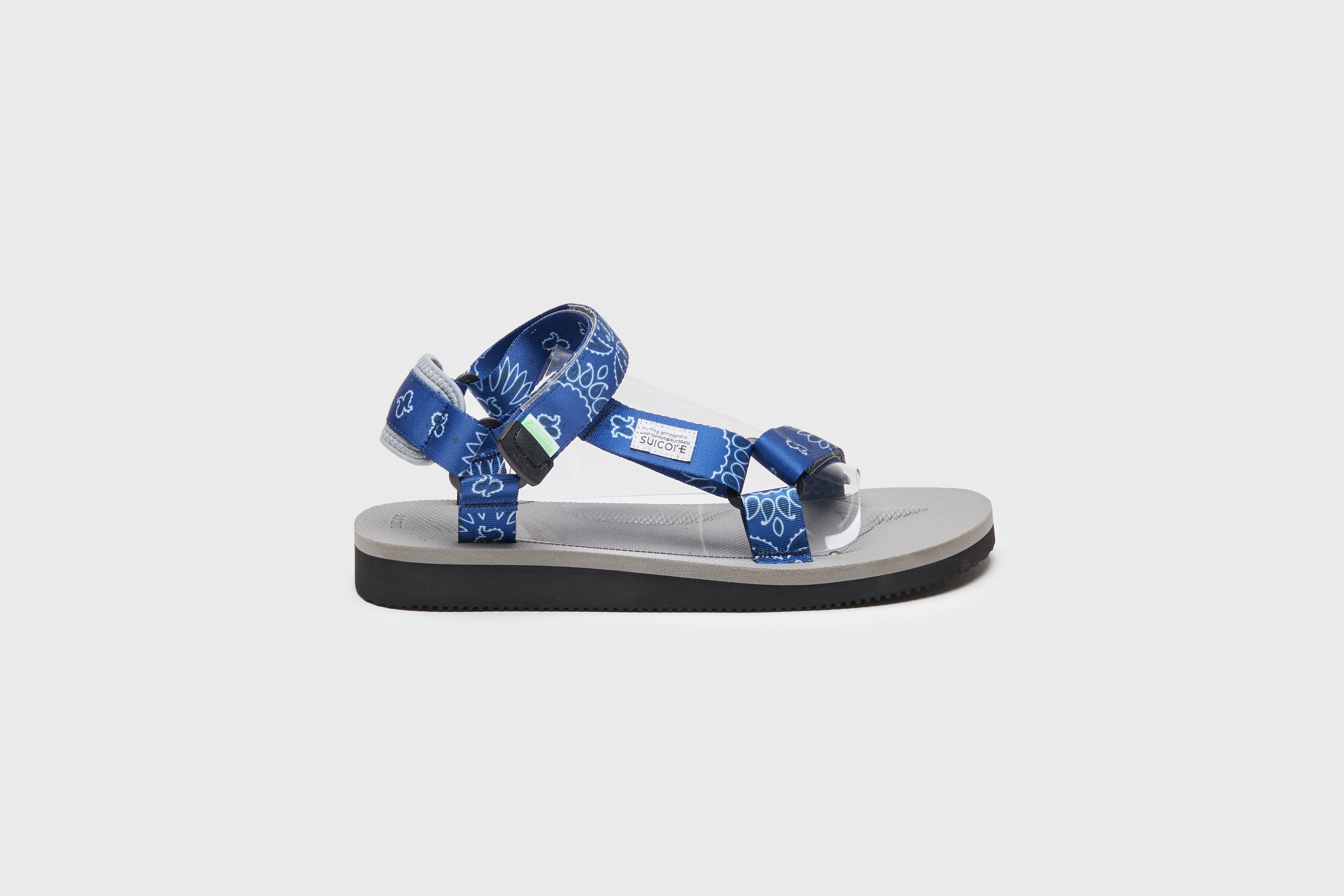 SUICOKE DEPA-Cab-PT05 sandals with navy & Gray nylon upper, navy & gray midsole and sole, strap and logo patch. From Spring/Summer 2023 collection on eightywingold Web Store, an official partner of SUICOKE. OG-022CAB-PT05 NAVY X GRAY