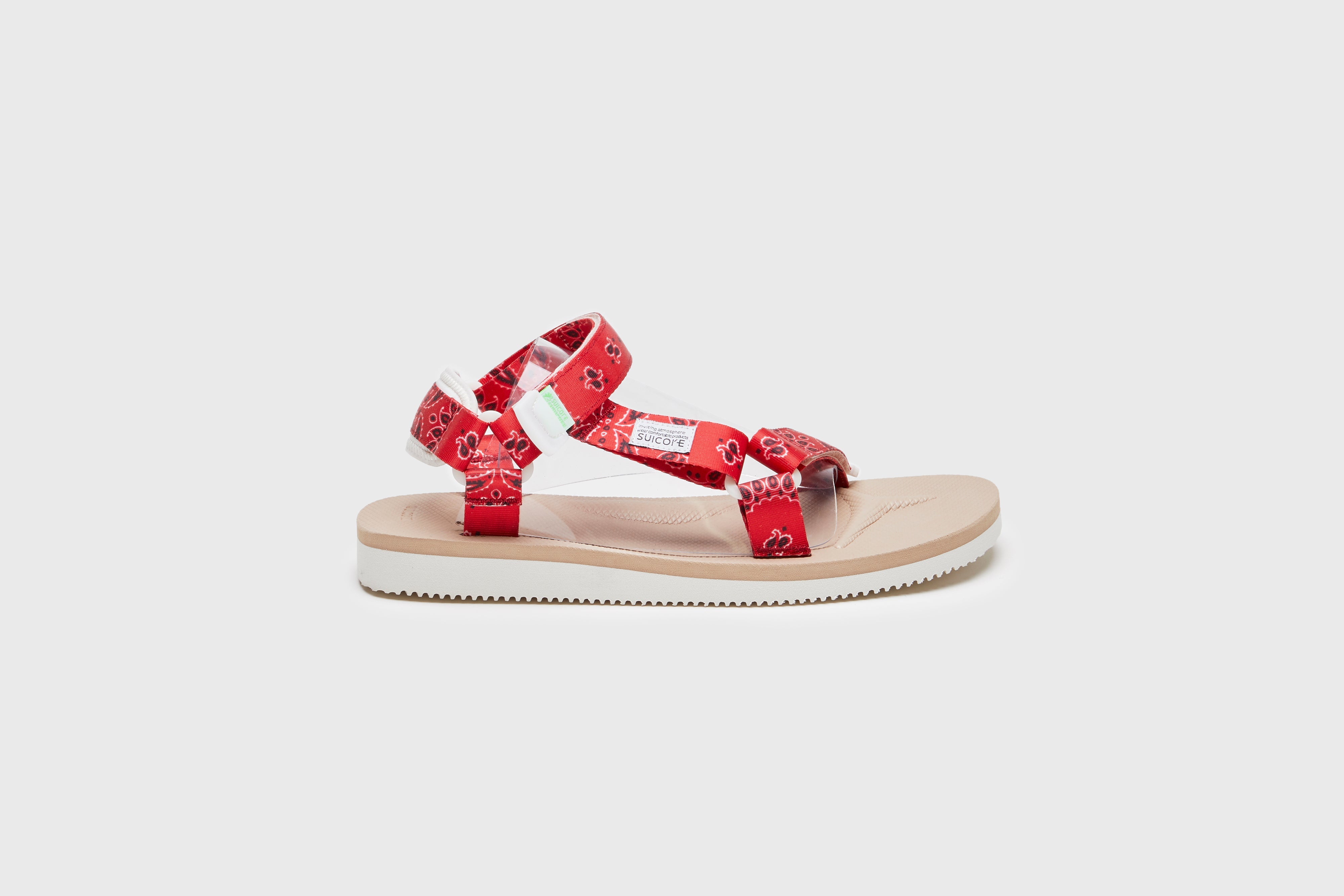 SUICOKE DEPA-Cab-PT05 sandals with red &amp; beige nylon upper, red &amp; beige midsole and sole, strap and logo patch. From Spring/Summer 2023 collection on eightywingold Web Store, an official partner of SUICOKE. OG-022CAB-PT05 RED X BEIGE