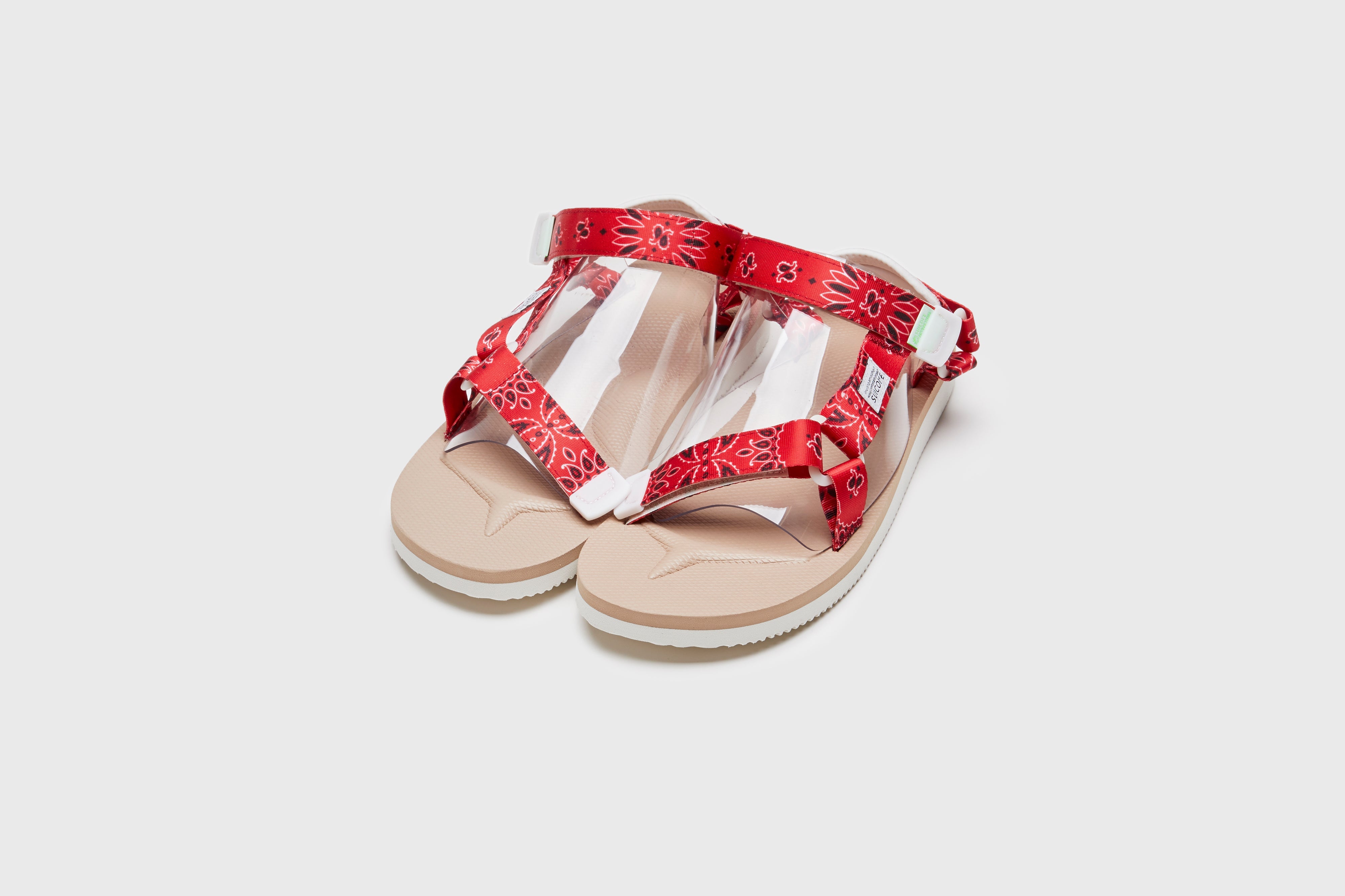 SUICOKE DEPA-Cab-PT05 sandals with red &amp; beige nylon upper, red &amp; beige midsole and sole, strap and logo patch. From Spring/Summer 2023 collection on eightywingold Web Store, an official partner of SUICOKE. OG-022CAB-PT05 RED X BEIGE