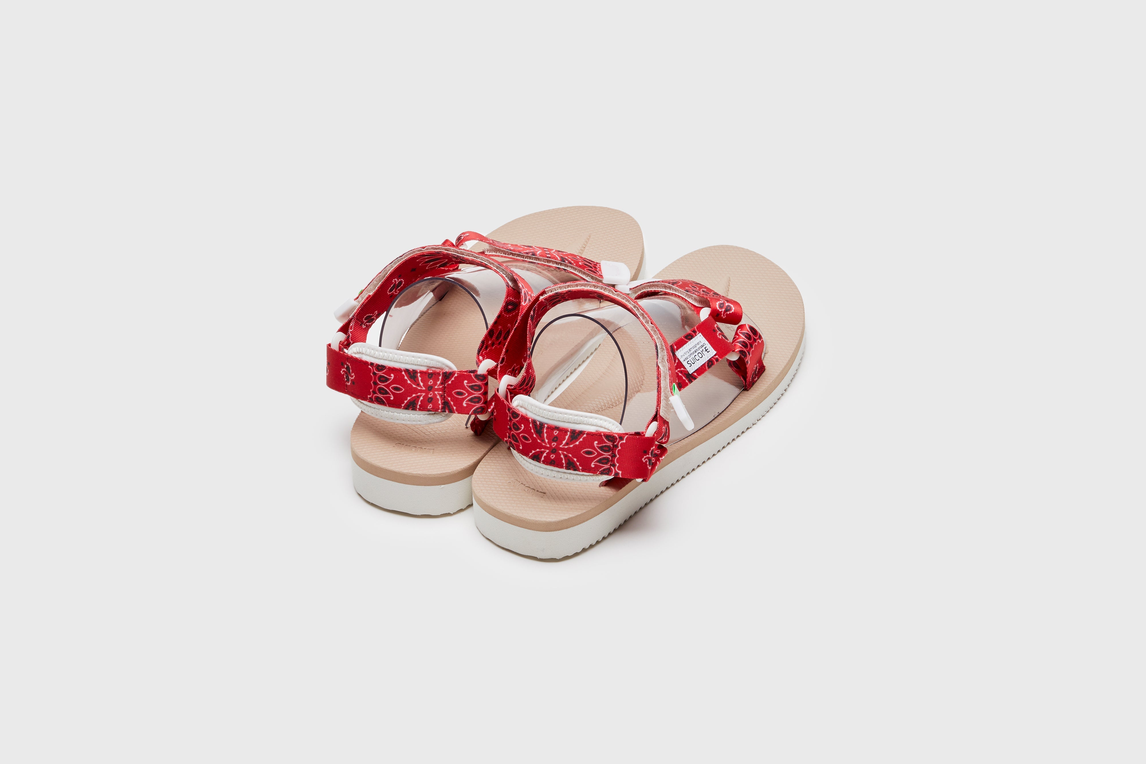 SUICOKE DEPA-Cab-PT05 sandals with red & beige nylon upper, red & beige midsole and sole, strap and logo patch. From Spring/Summer 2023 collection on eightywingold Web Store, an official partner of SUICOKE. OG-022CAB-PT05 RED X BEIGE