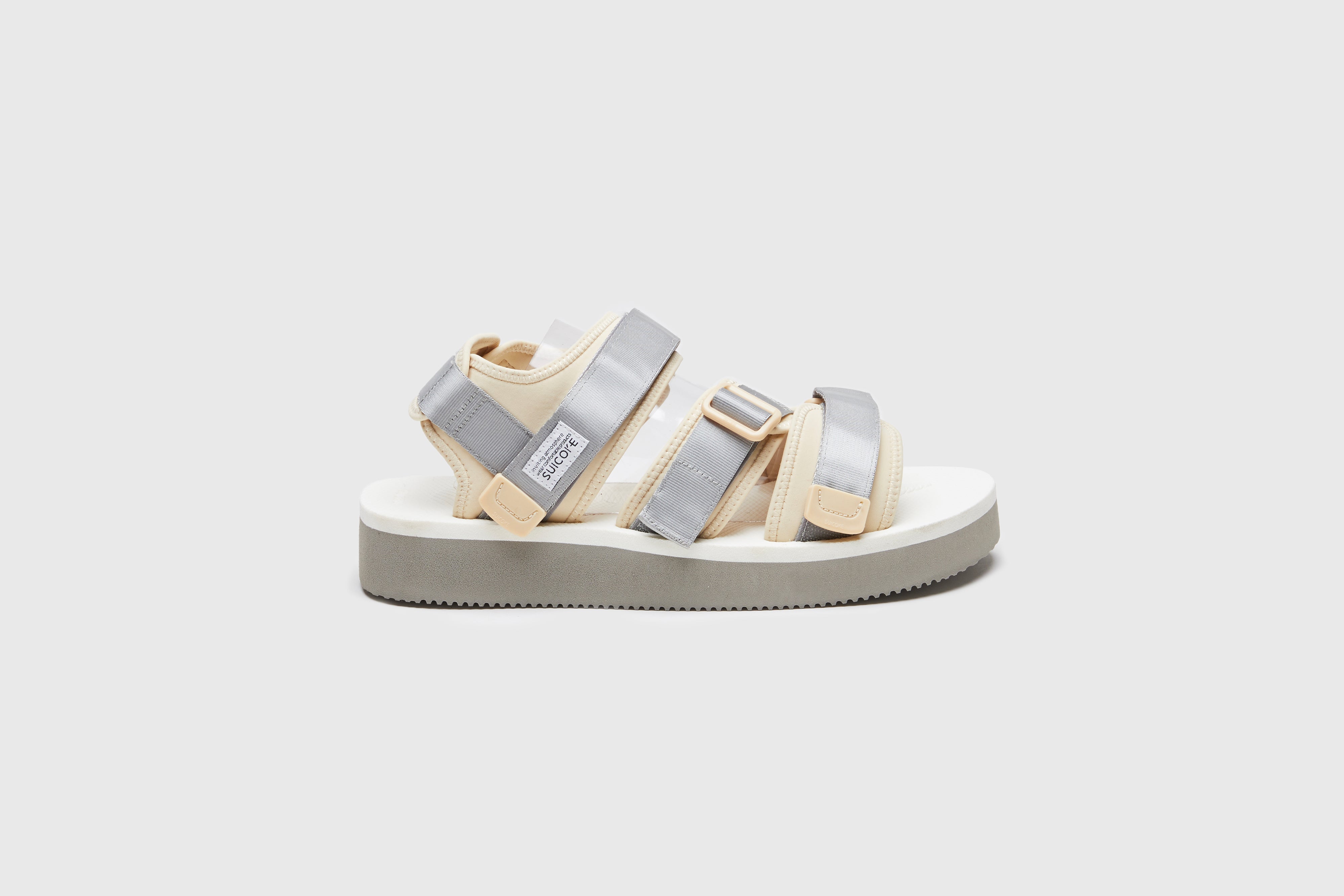 SUICOKE KISEE-PO sandals with gray & white nylon upper, gray & white midsole and sole, strap and logo patch. From Spring/Summer 2023 collection on eightywingold Web Store, an official partner of SUICOKE. OG-044PO GRAY X WHITE