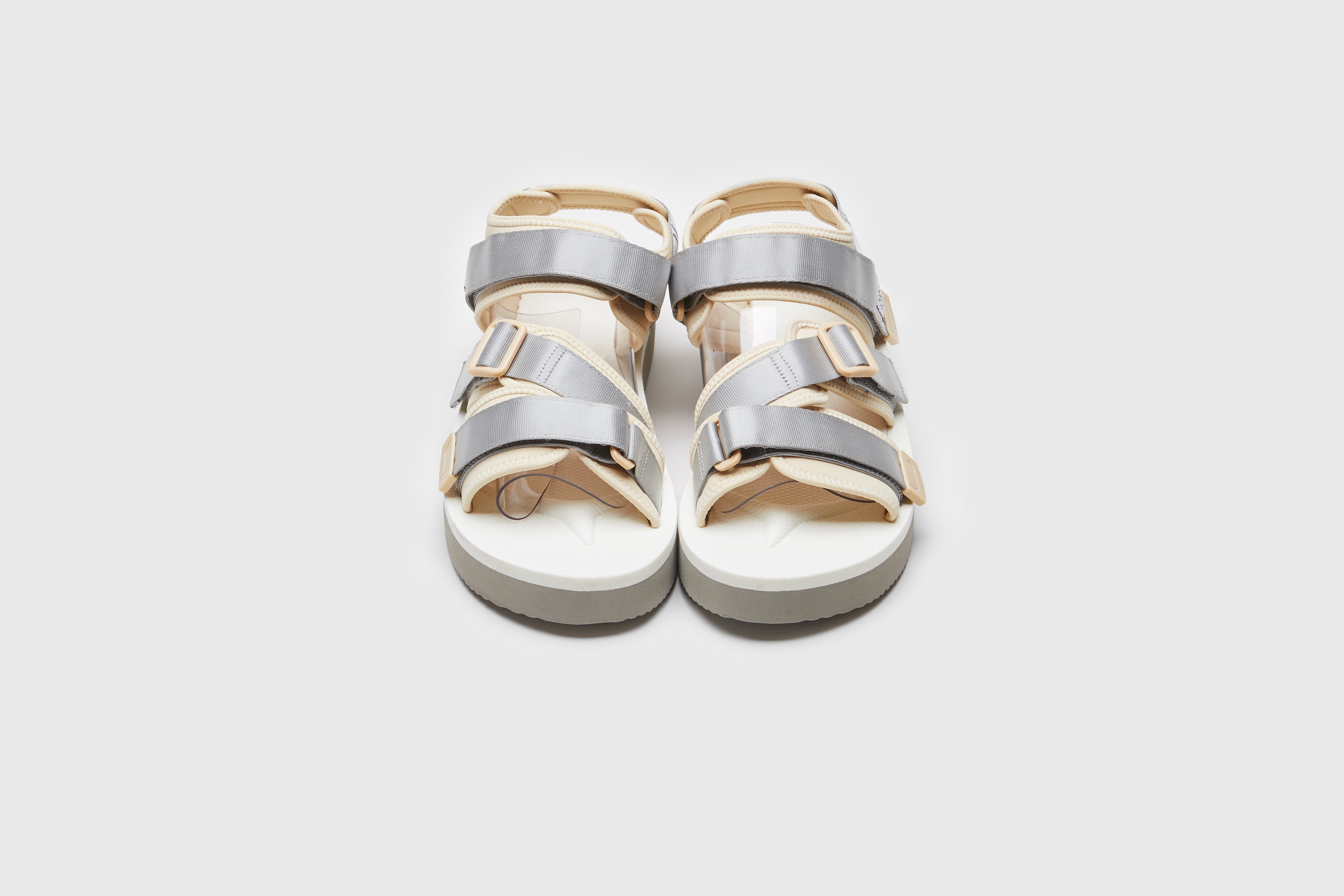 SUICOKE KISEE-PO sandals with gray & white nylon upper, gray & white midsole and sole, strap and logo patch. From Spring/Summer 2023 collection on eightywingold Web Store, an official partner of SUICOKE. OG-044PO GRAY X WHITE