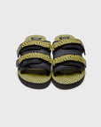 SUICOKE MOTO-JC01 slides with black & yellow nylon and synthetic material  upper, black & yellow midsole and sole, straps and logo patch. From Spring/Summer 2023 collection on eightywingold Web Store, an official partner of SUICOKE. OG-056-JC01 BLACK X YELLOW