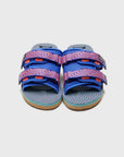 SUICOKE MOTO-JC01 slides with orange & blue nylon upper, orange & blue midsole and sole, strap and logo patch. From Spring/Summer 2023 collection on eightywingold Web Store, an official partner of SUICOKE. OG-056-JC01 ORANGE X BLUE