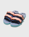 SUICOKE MOTO-JC01 slides with yellow & pink nylon upper, yellow & pink midsole and sole, strap and logo patch. From Spring/Summer 2023 collection on eightywingold Web Store, an official partner of SUICOKE. OG-056-JC01 YELLOW X PINK