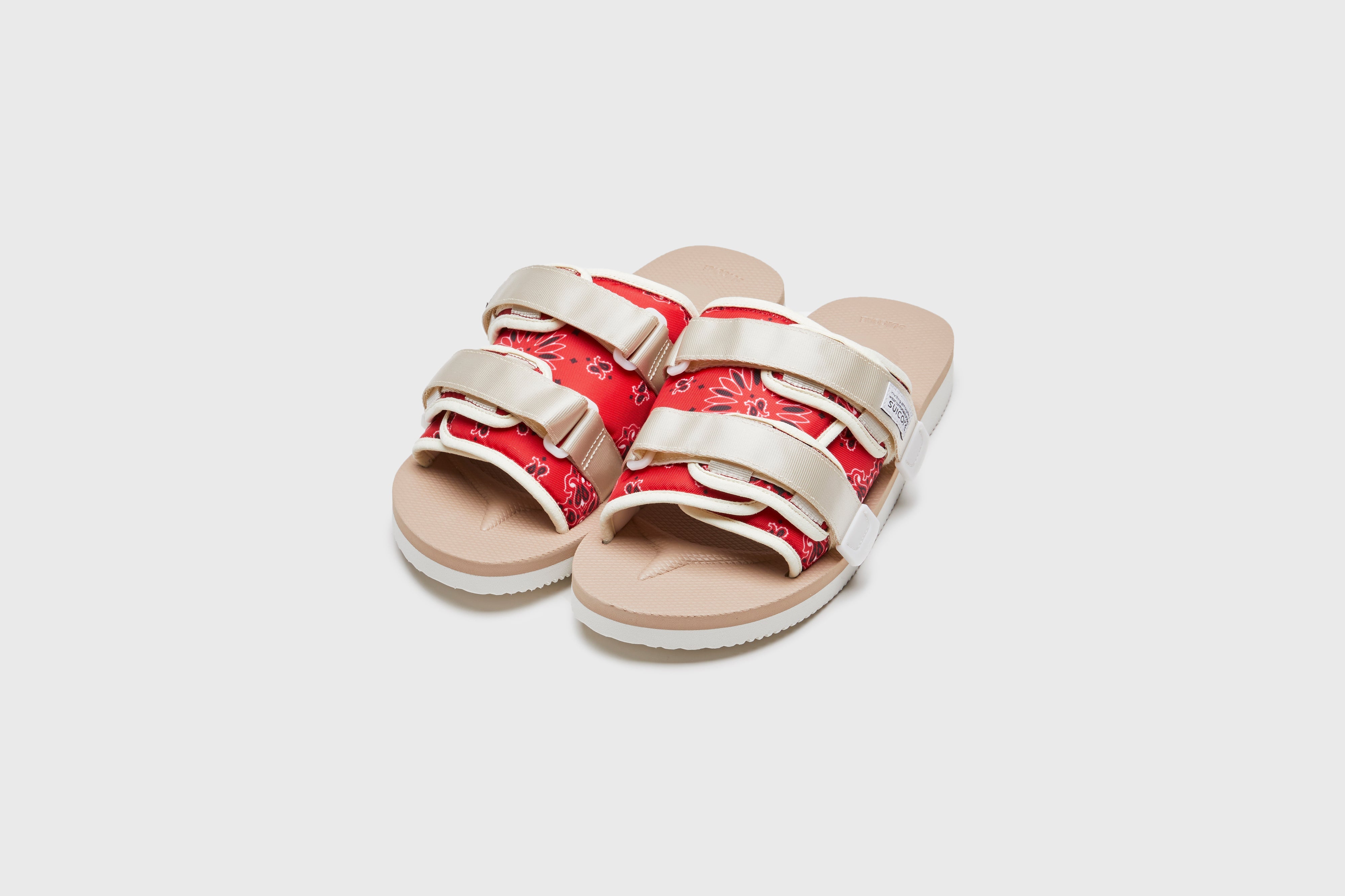 SUICOKE MOTO-Cab-PT05 slides with red &amp; beige nylon upper, red &amp; beige midsole and sole, strap and logo patch. From Spring/Summer 2023 collection on eightywingold Web Store, an official partner of SUICOKE. OG-056CAB-PT05 RED X BEIGE