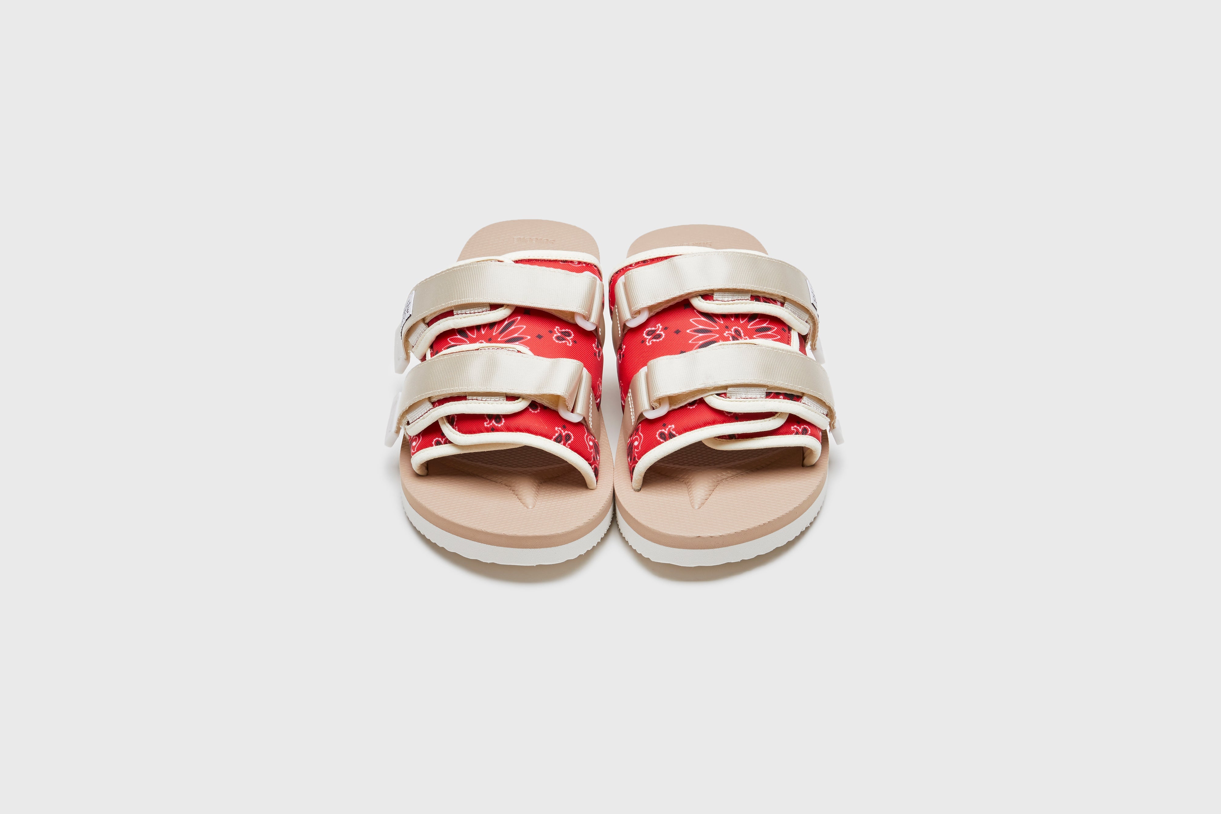 SUICOKE MOTO-Cab-PT05 slides with red &amp; beige nylon upper, red &amp; beige midsole and sole, strap and logo patch. From Spring/Summer 2023 collection on eightywingold Web Store, an official partner of SUICOKE. OG-056CAB-PT05 RED X BEIGE