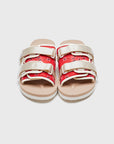 SUICOKE MOTO-Cab-PT05 slides with red & beige nylon upper, red & beige midsole and sole, strap and logo patch. From Spring/Summer 2023 collection on eightywingold Web Store, an official partner of SUICOKE. OG-056CAB-PT05 RED X BEIGE