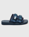 SUICOKE MOTO-Cab slides with navy nylon upper, navy midsole and sole, straps and logo patch. From Spring/Summer 2023 collection on eightywingold Web Store, an official partner of SUICOKE. OG-056CAB NAVY