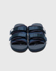 SUICOKE MOTO-Cab slides with navy nylon upper, navy midsole and sole, straps and logo patch. From Spring/Summer 2023 collection on eightywingold Web Store, an official partner of SUICOKE. OG-056CAB NAVY