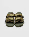 SUICOKE MOTO-Cab slides with olive nylon upper, olive midsole and sole, straps and logo patch. From Spring/Summer 2023 collection on eightywingold Web Store, an official partner of SUICOKE. OG-056CAB OLIVE