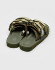SUICOKE MOTO-Cab slides with olive nylon upper, olive midsole and sole, straps and logo patch. From Spring/Summer 2023 collection on eightywingold Web Store, an official partner of SUICOKE. OG-056CAB OLIVE