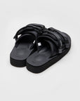 SUICOKE MOTO-PO slides with black nylon upper, black midsole and sole, strap and logo patch. From Spring/Summer 2023 collection on eightywingold Web Store, an official partner of SUICOKE. OG-056PO BLACK