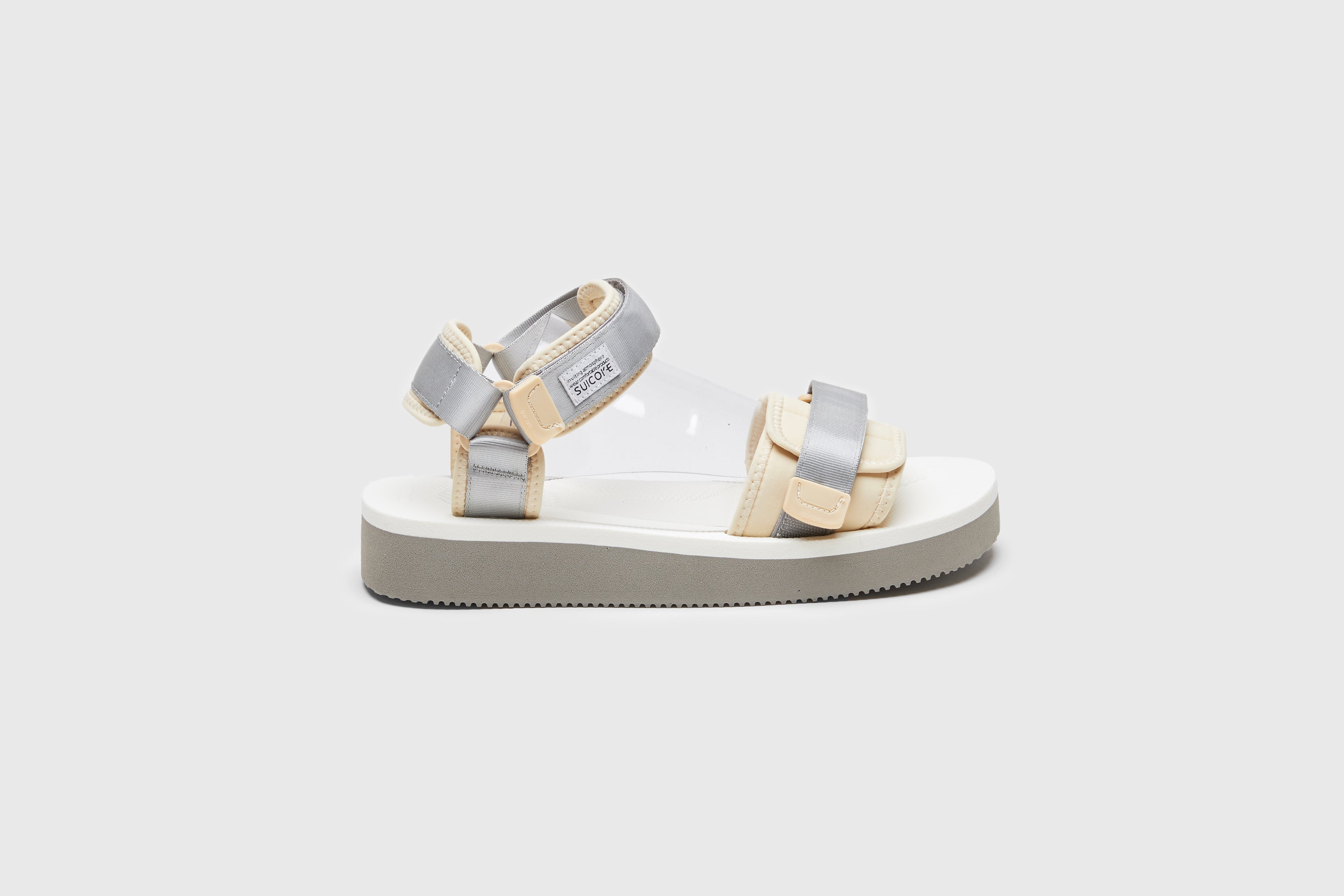 SUICOKE CEL-PO sandals with gray & white nylon upper, gray & white midsole and sole, strap and logo patch. From Spring/Summer 2023 collection on eightywingold Web Store, an official partner of SUICOKE. OG-022PO GRAY X WHITE