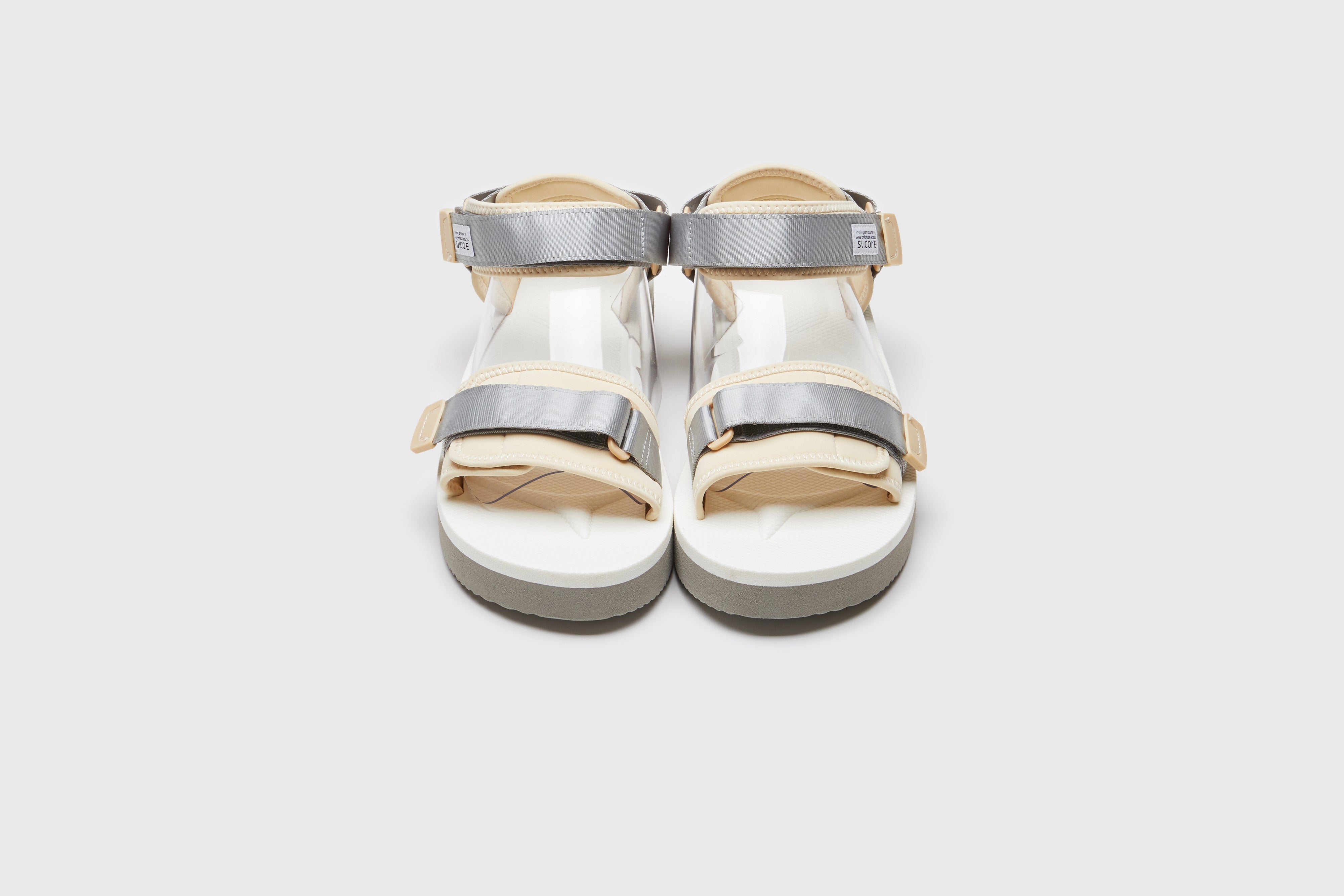 SUICOKE CEL-PO sandals with gray &amp; white nylon upper, gray &amp; white midsole and sole, strap and logo patch. From Spring/Summer 2023 collection on eightywingold Web Store, an official partner of SUICOKE. OG-022PO GRAY X WHITE