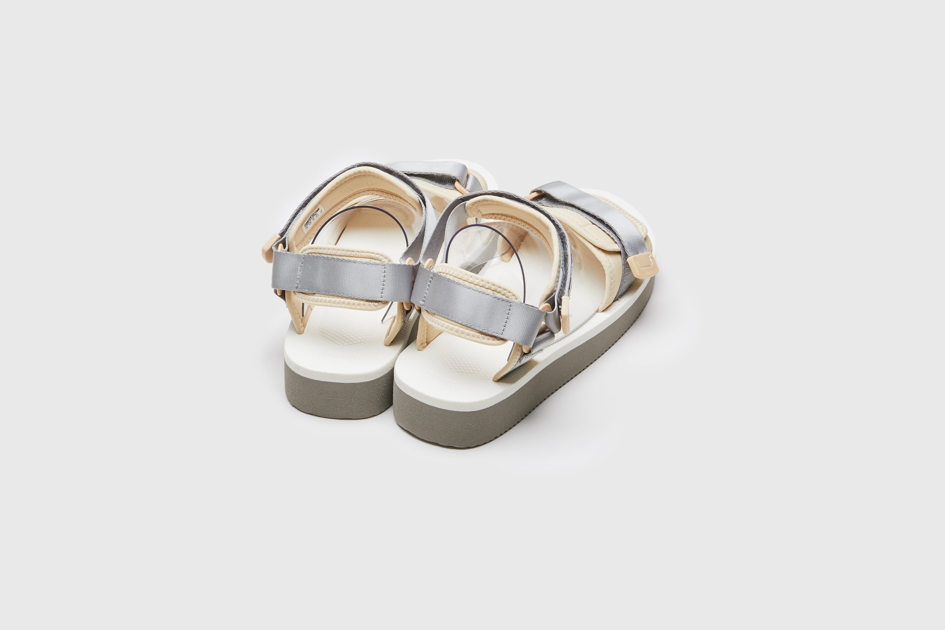 SUICOKE CEL-PO sandals with gray &amp; white nylon upper, gray &amp; white midsole and sole, strap and logo patch. From Spring/Summer 2023 collection on eightywingold Web Store, an official partner of SUICOKE. OG-022PO GRAY X WHITE
