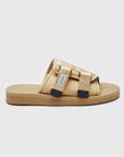 SUICOKE KAW-Cab slides with beige nylon upper, beige midsole and sole, strap and logo patch. From Spring/Summer 2023 collection on eightywingold Web Store, an official partner of SUICOKE. OG-081CAB BEIGE