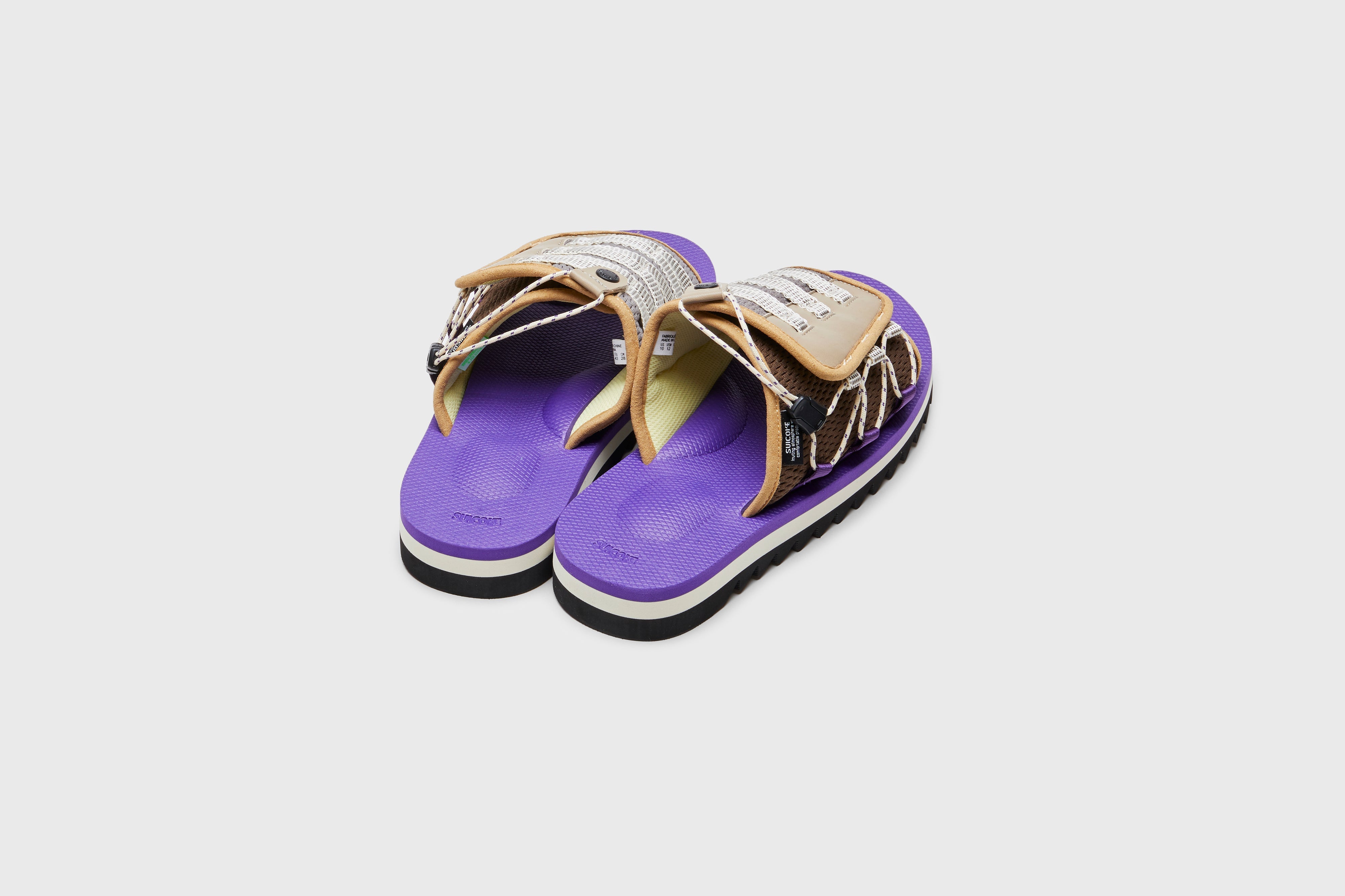SUICOKE DAO-2AB slides with brown &amp; purple nylon upper, brown &amp; purple midsole and sole, strap and logo patch. From Spring/Summer 2023 collection on eightywingold Web Store, an official partner of SUICOKE. OG-195-2AB BROWN X PURPLE