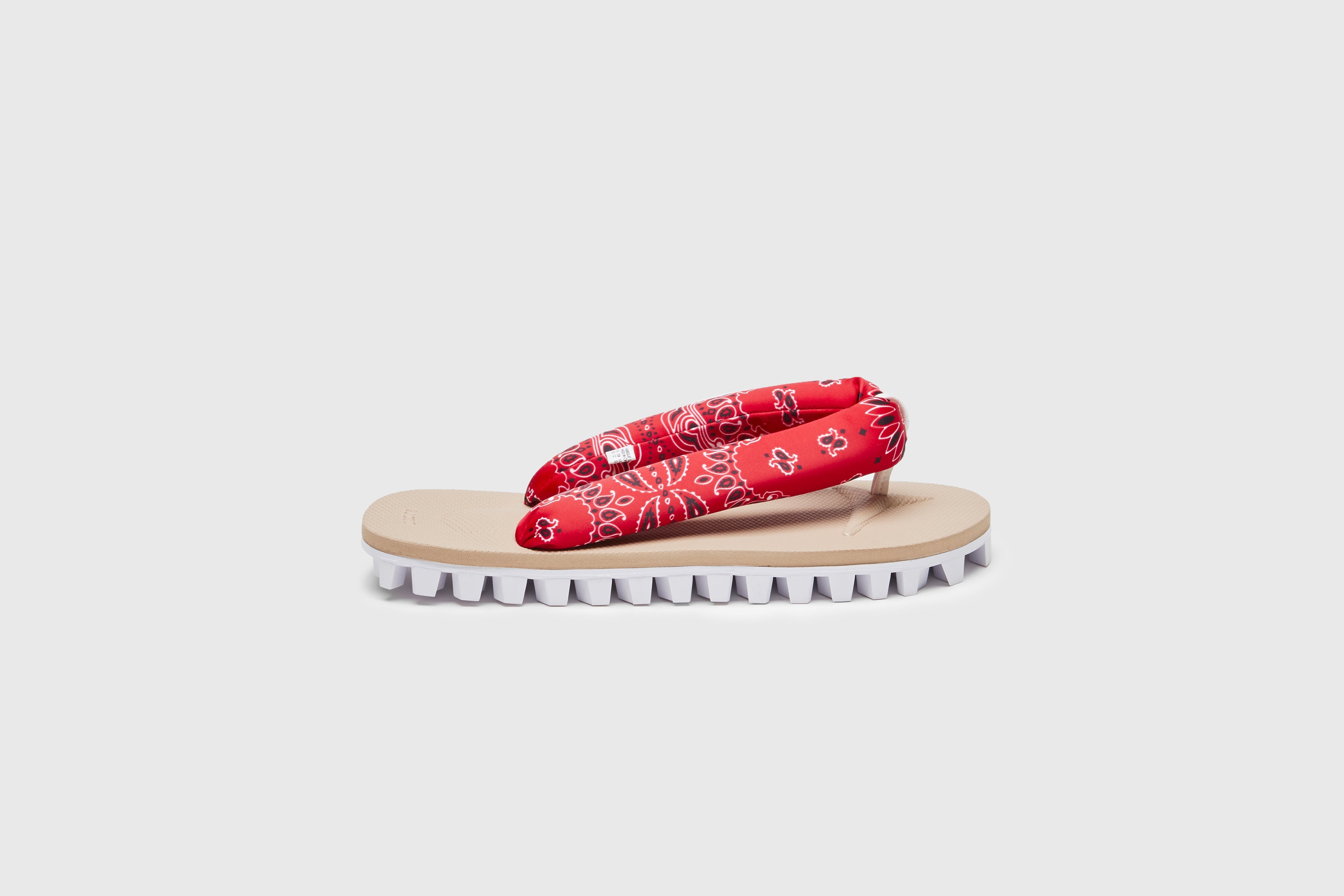 SUICOKE GTA-PT05 sandals with red &amp; beige nylon upper, red &amp; beige midsole and sole, strap and logo patch. From Spring/Summer 2023 collection on eightywingold Web Store, an official partner of SUICOKE. OG-226-PT05 RED X BEIGE
