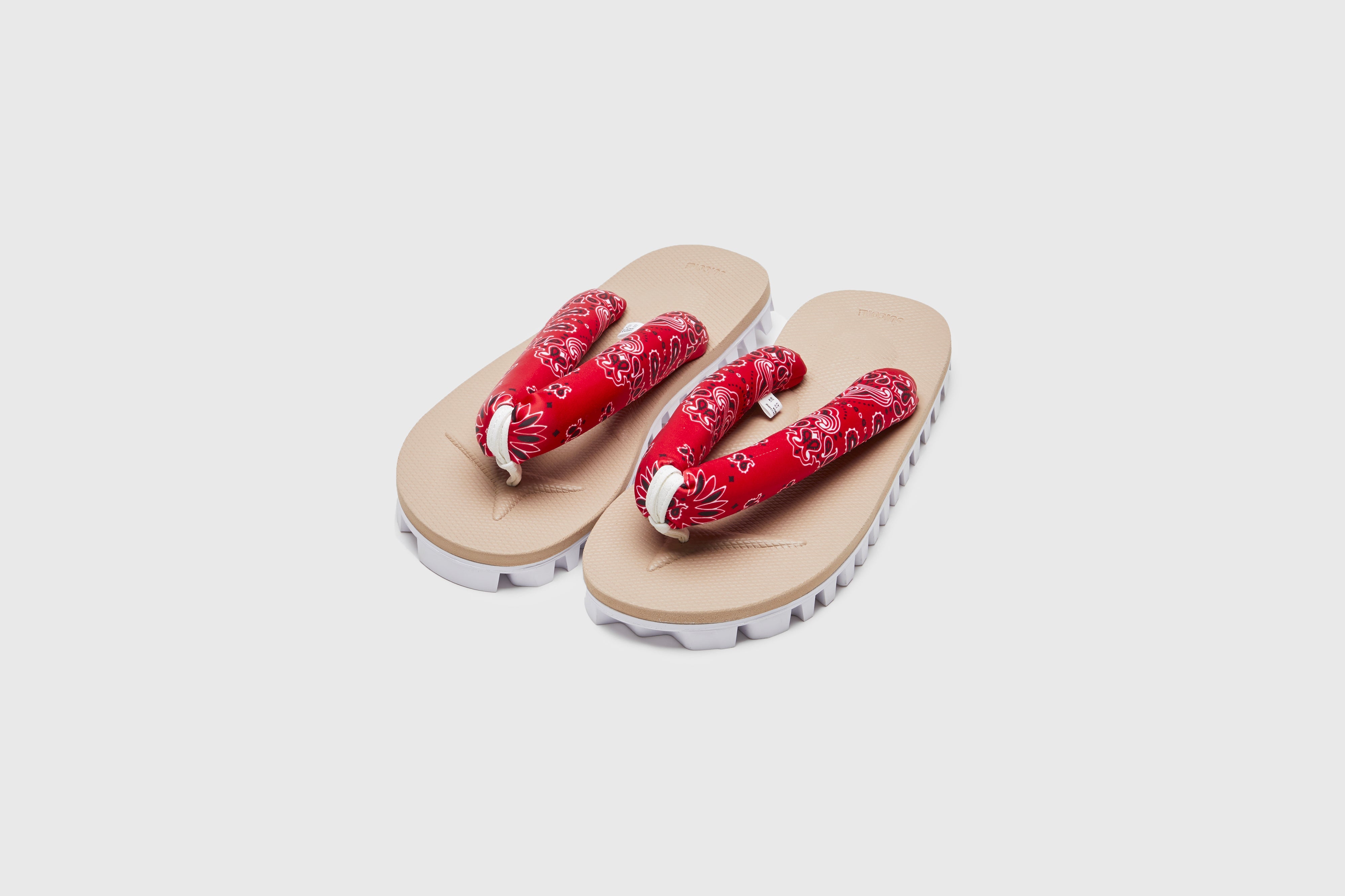 SUICOKE GTA-PT05 sandals with red & beige nylon upper, red & beige midsole and sole, strap and logo patch. From Spring/Summer 2023 collection on eightywingold Web Store, an official partner of SUICOKE. OG-226-PT05 RED X BEIGE