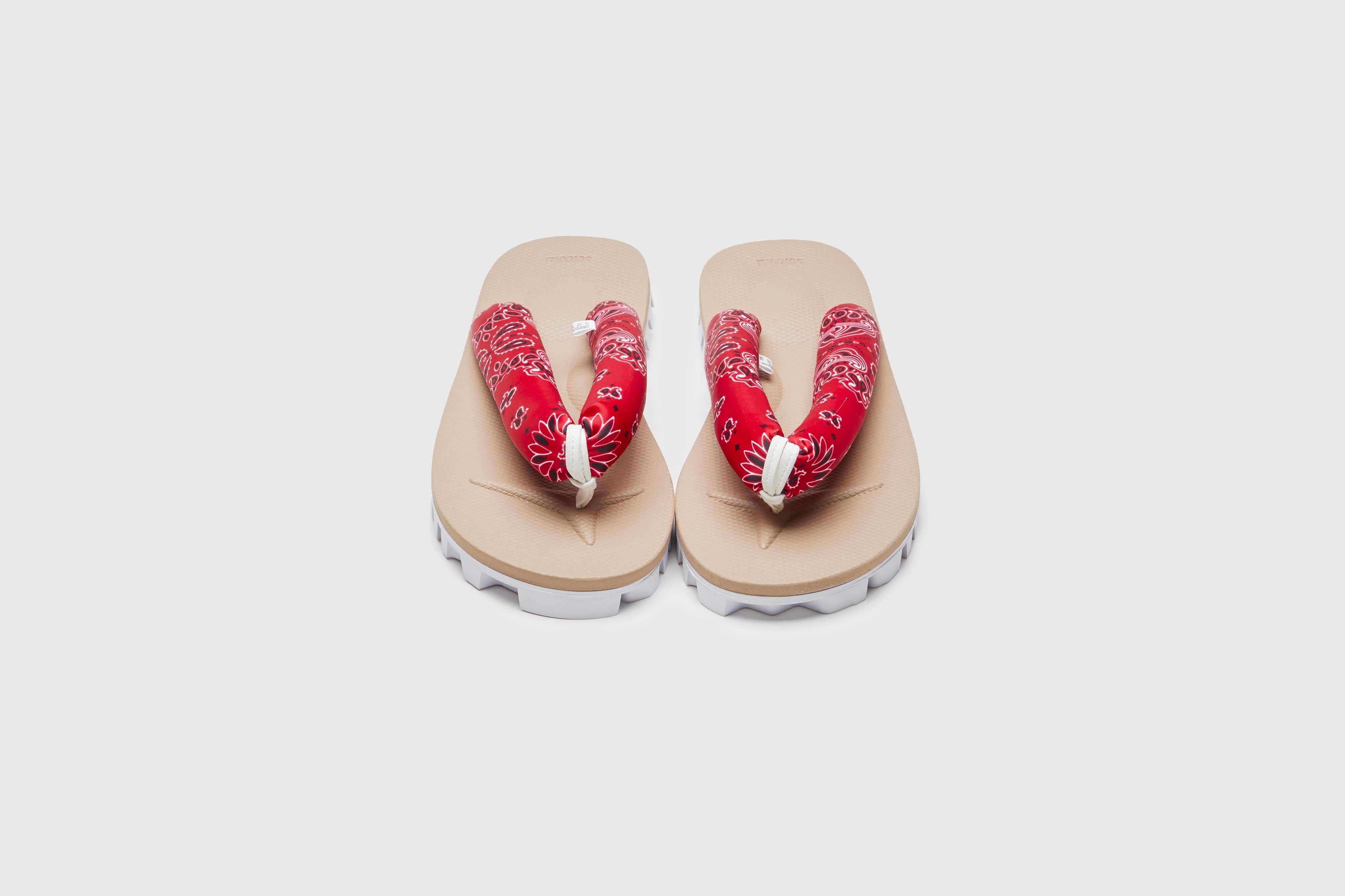 SUICOKE GTA-PT05 sandals with red & beige nylon upper, red & beige midsole and sole, strap and logo patch. From Spring/Summer 2023 collection on eightywingold Web Store, an official partner of SUICOKE. OG-226-PT05 RED X BEIGE