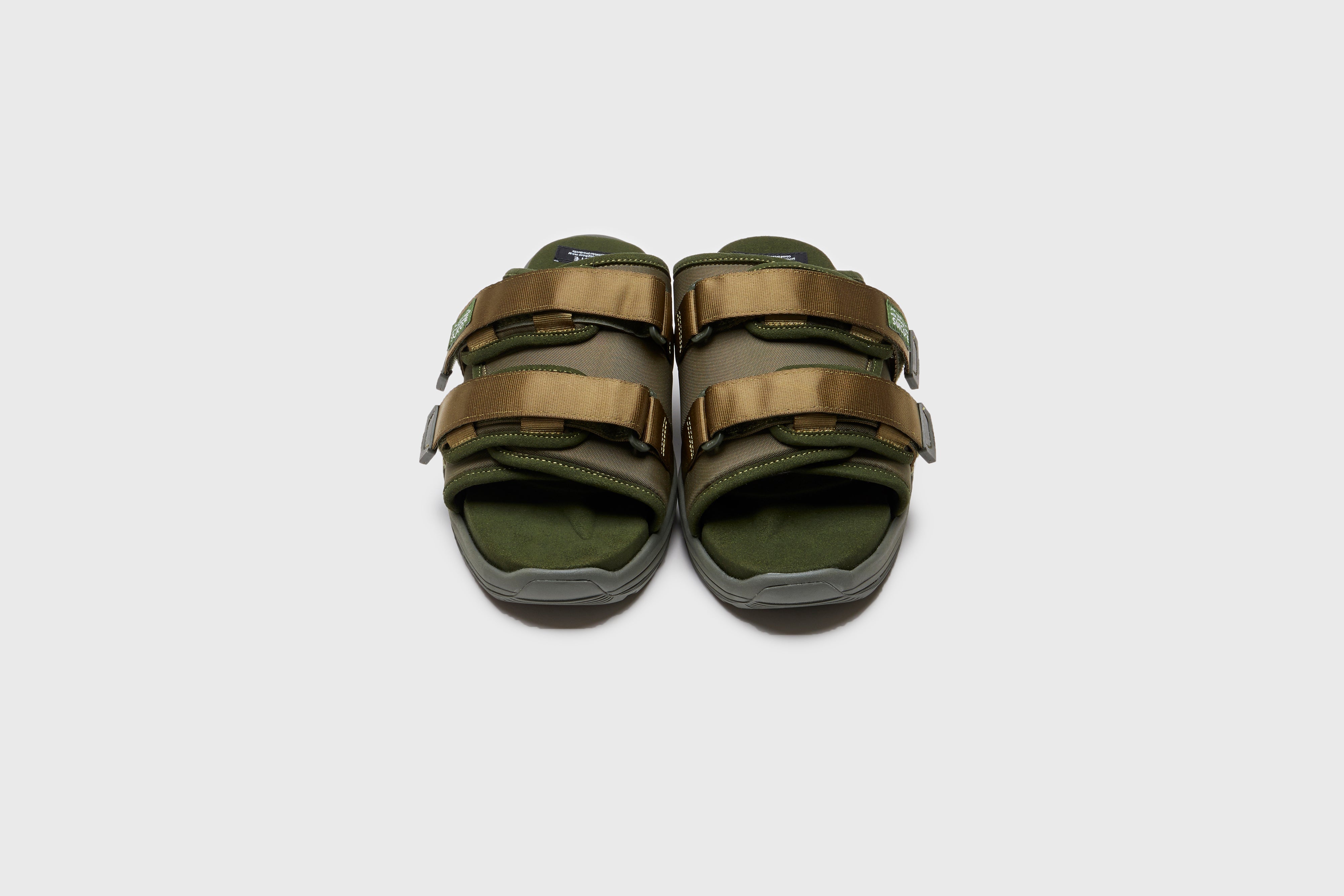 SUICOKE MOTO-Run slides with olive nylon upper, olive midsole and sole, strap and logo patch. From Spring/Summer 2023 collection on eightywingold Web Store, an official partner of SUICOKE. OG-332 OLIVE