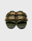 SUICOKE MOTO-Run slides with olive nylon upper, olive midsole and sole, strap and logo patch. From Spring/Summer 2023 collection on eightywingold Web Store, an official partner of SUICOKE. OG-332 OLIVE