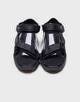 SUICOKE DEPA-Run slides with black nylon upper, black midsole and sole, strap and logo patch. From Spring/Summer 2023 collection on eightywingold Web Store, an official partner of SUICOKE. OG-333 BLACK