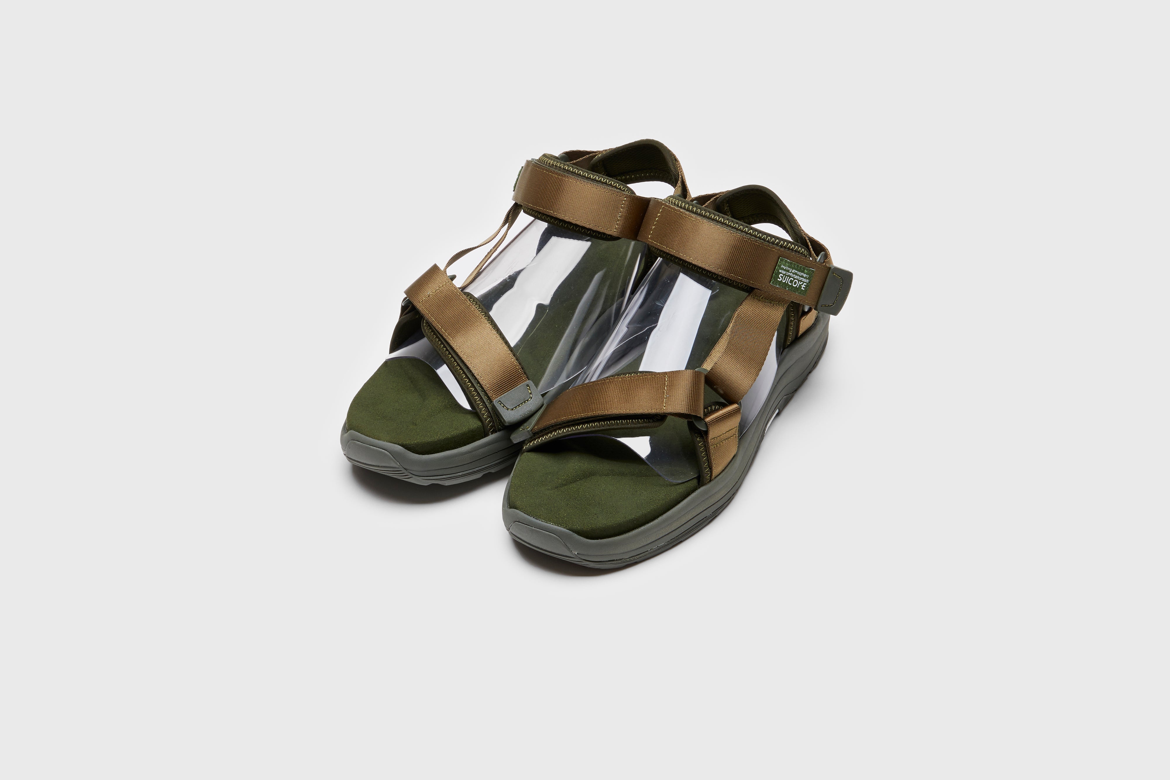 SUICOKE DEPA-Run slides with olive nylon upper, olive midsole and sole, strap and logo patch. From Spring/Summer 2023 collection on eightywingold Web Store, an official partner of SUICOKE. OG-333 OLIVE